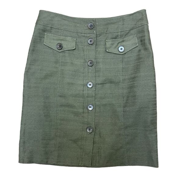 Ann Klein Linen Blend Army Green Button Up Pencil Skirt Sz 4 Office Classic EUC - Picture 1 of 6